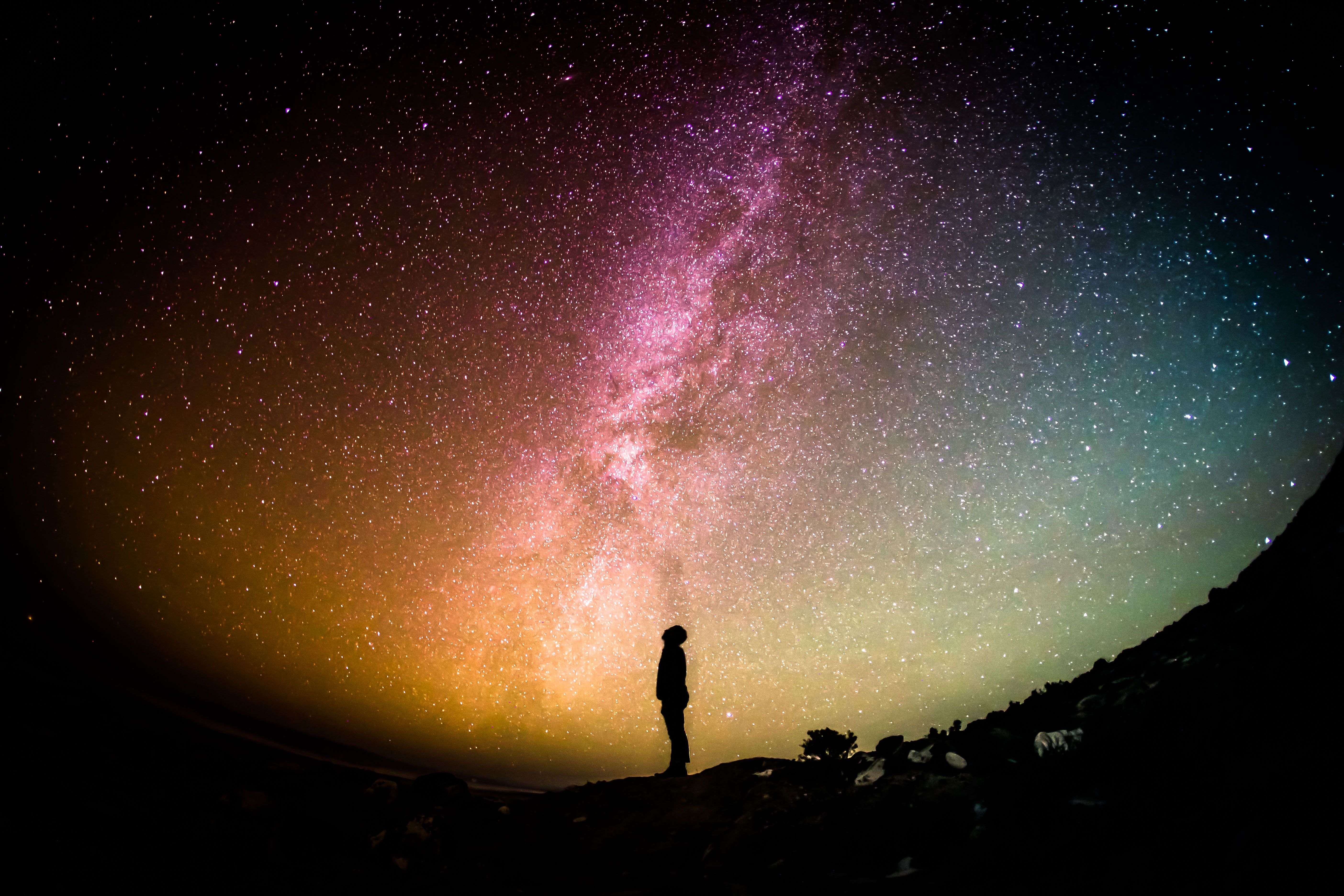 Backlit person looking up into night sky, photo by Greg Rakozy
